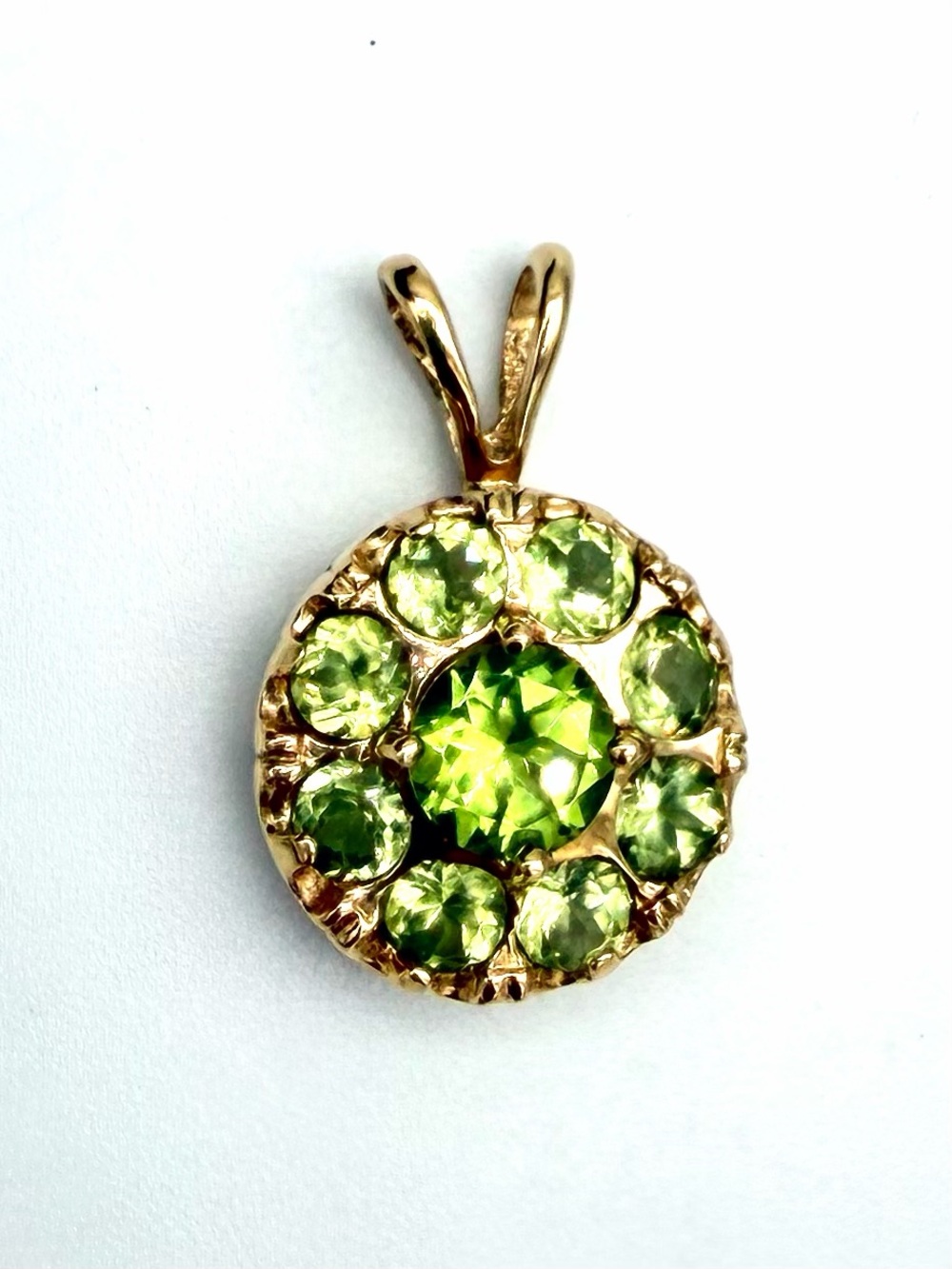 Solid 14k Gold Green Peridot Round Halo Pendant - Vintage Victorian Style